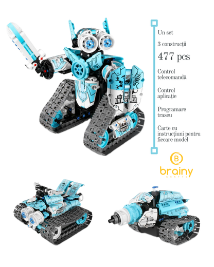 Kit de construcție robot 3-în-1 pentru copii, Cu Telecomandă și Aplicație de codare pentru Robot/Mașină RC/Tanc, blocuri educative pentru învățarea științei, Albastru - Brainy Crafts