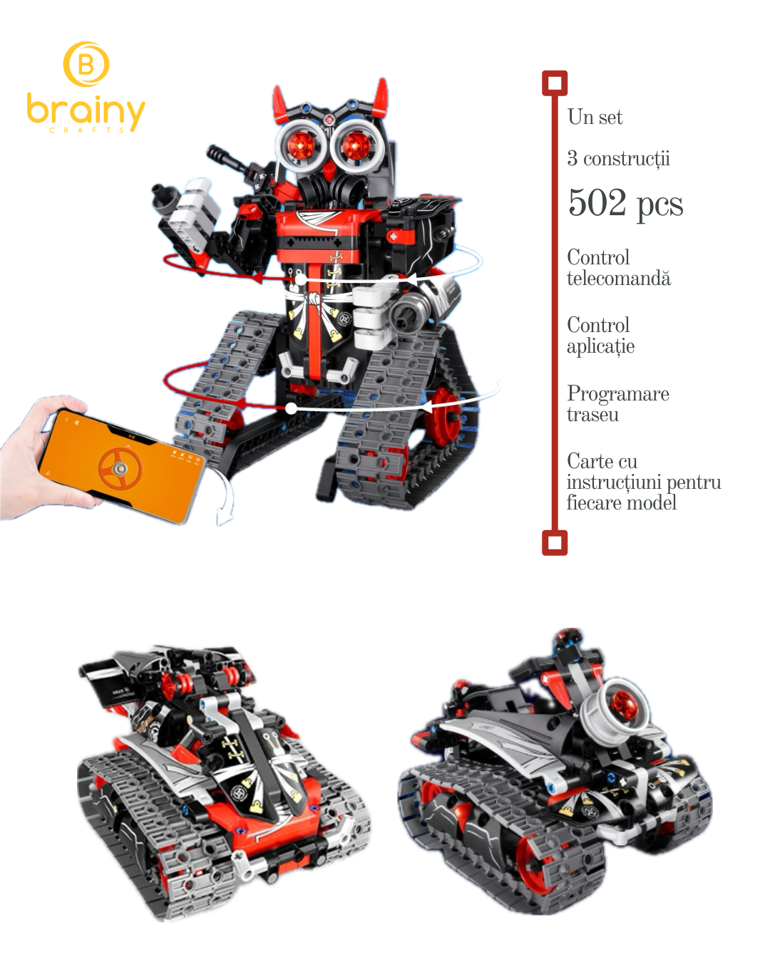 kit de construcție robot 3-în-1 pentru copii, cu telecomandă și aplicație de codare pentru robot/rezervor/mașină rc, blocuri educative pentru învățarea științei, rosu/negru - brainy crafts