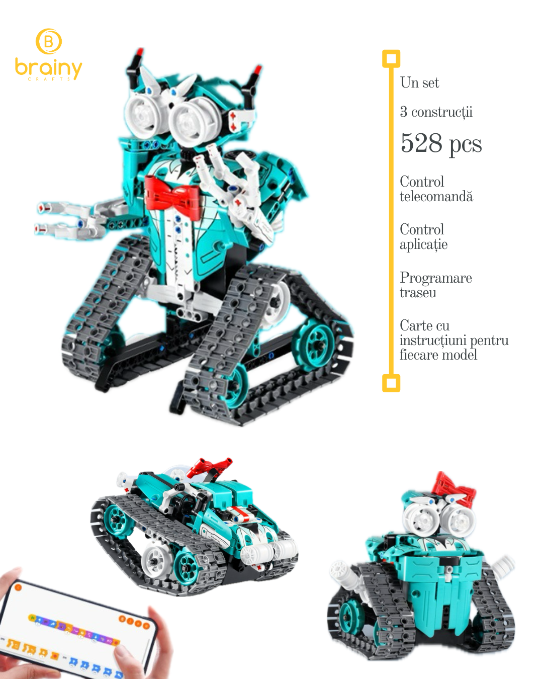 kit de construcție robot 3-în-1 pentru copii, cu telecomandă și aplicație de codare pentru robot/mașină rc, blocuri educative pentru învățarea științei, albastru cu fundiță - brainy crafts