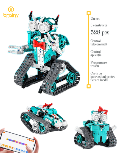 Kit de construcție robot 3-în-1 pentru copii, Cu Telecomandă și Aplicație de codare pentru Robot/Mașină RC, blocuri educative pentru învățarea științei, Albastru cu fundiță - Brainy Crafts