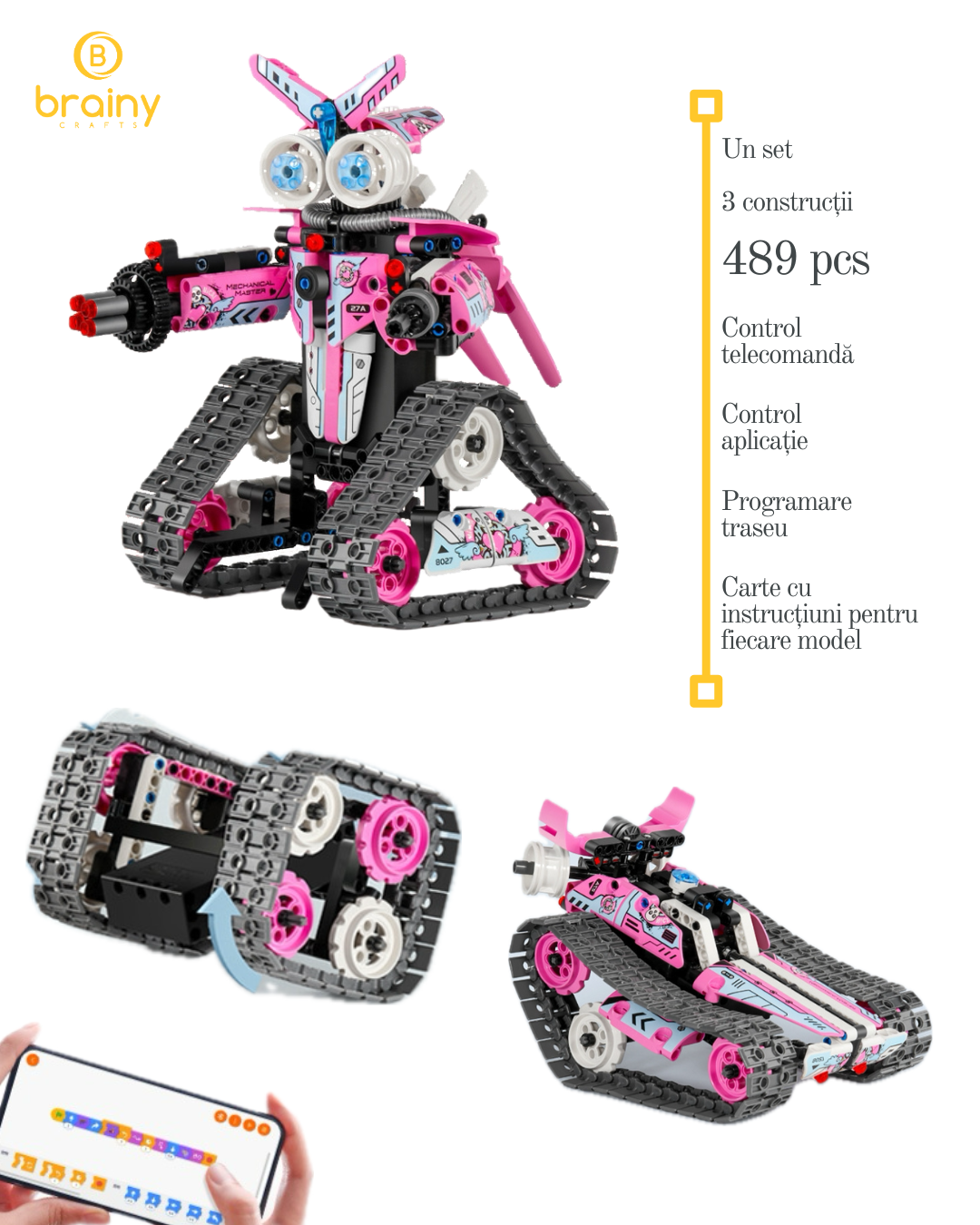 kit de construcție robot 3-în-1 pentru copii, cu telecomandă și aplicație de codare pentru robot/mașină rc/cub, blocuri educative pentru învățarea științei, roz - brainy crafts