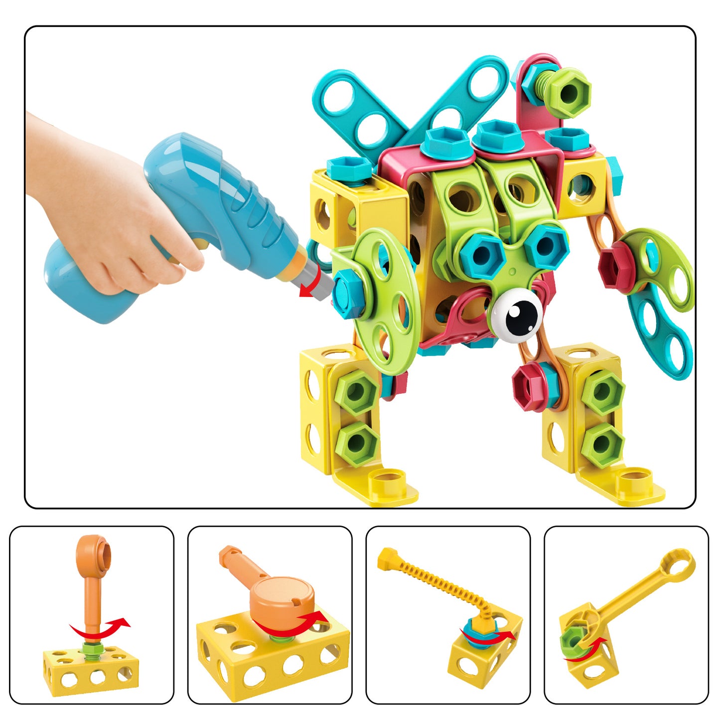 set de construcție stem cu 191 piese, jucărie educativă și interactivă cu șuruburi și bormașină, pentru fete și băieți cu vârstă 3 ani + - brainy crafts