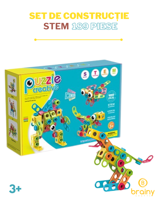 Set de construcție STEM cu 189 piese, jucărie educativă și interactivă cu șuruburi, pentru fete și băieți cu vârstă 3 ani + - Brainy Crafts Brainy Crafts