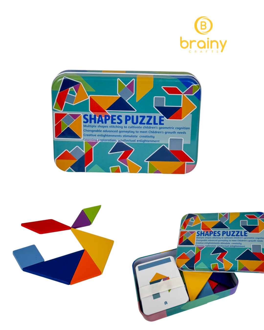 puzzle geometric „tangram challenge” - joc educațional în cutie metalică