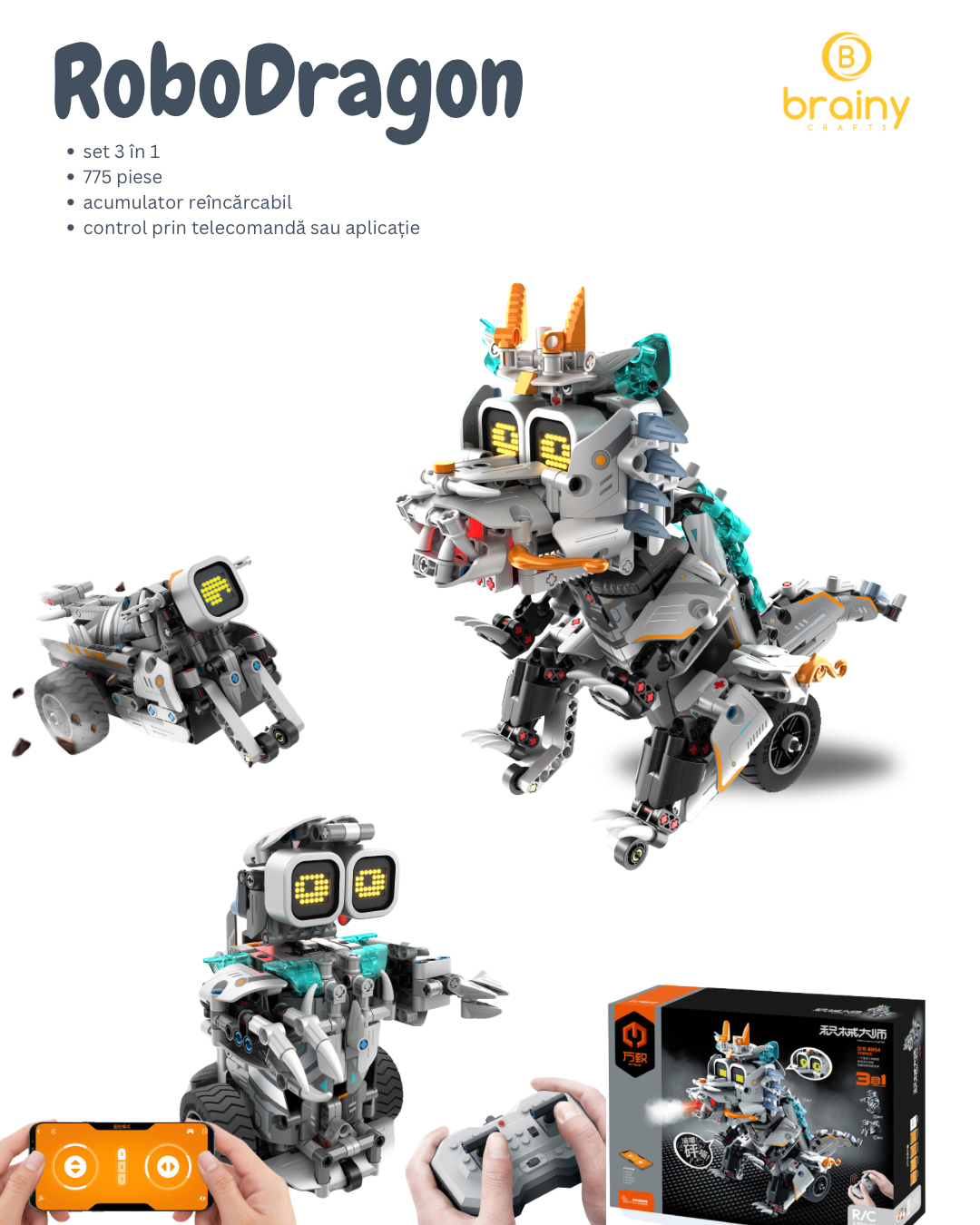 kit de construcție robodragon cu afișaj electronic programabil 3-in-1 rc & app - im.master (8054)